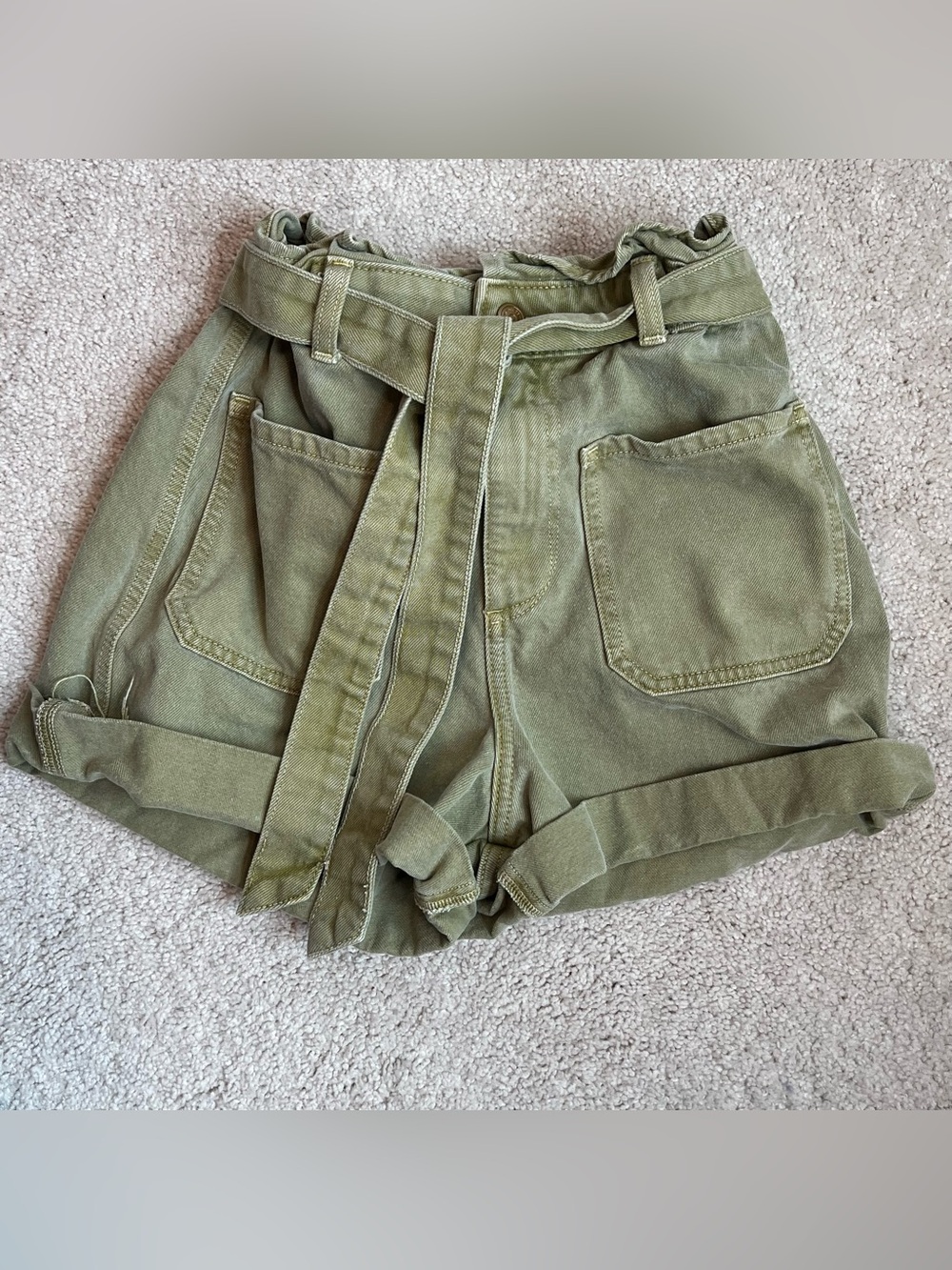 Zara Olive Green High-Waist Paperbag Belted Shorts Sz. 4